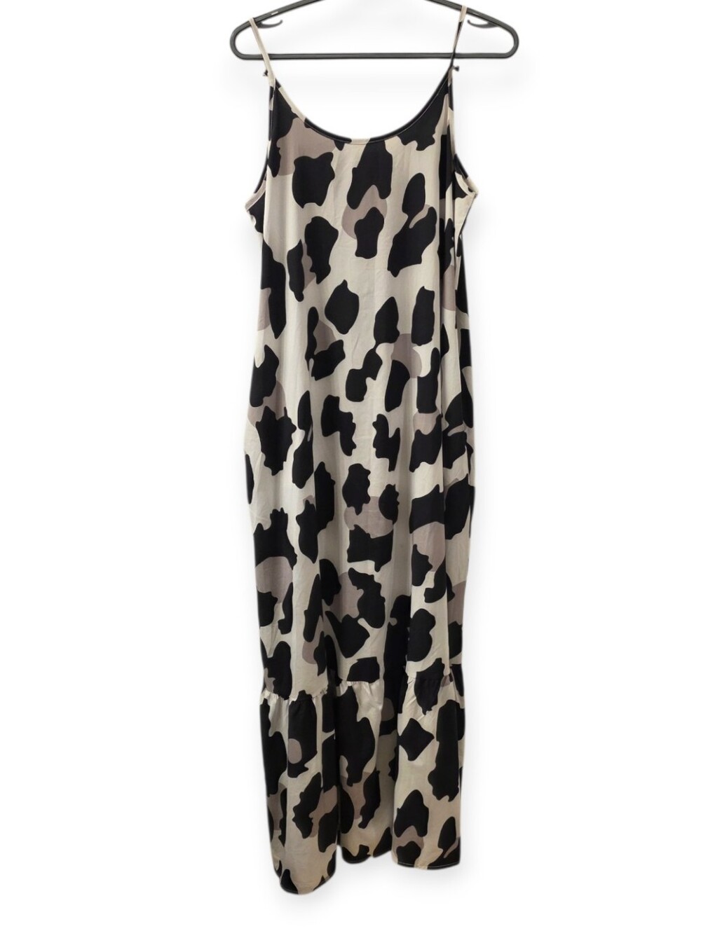 MISSLOOK Black And Tan Print Satin Maxi Dress Small With Pockets Tiered Hem - Picture 2 of 5